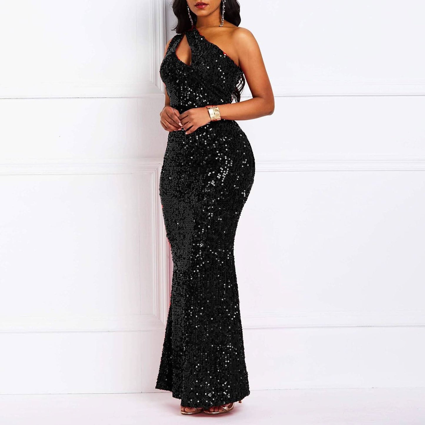 Sequins Fashion Sleeveless Oblique Collar Mermaid Women's Maxi Dress Bodycon Dress Mother of the Bride Dress