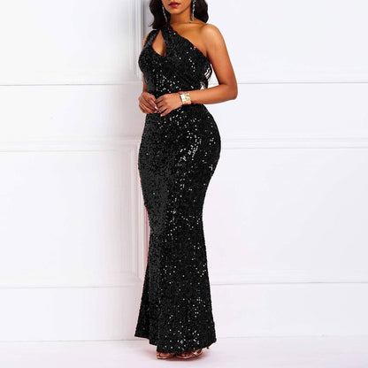 Sequins Fashion Sleeveless Oblique Collar Mermaid Women's Maxi Dress Bodycon Dress Mother of the Bride Dress