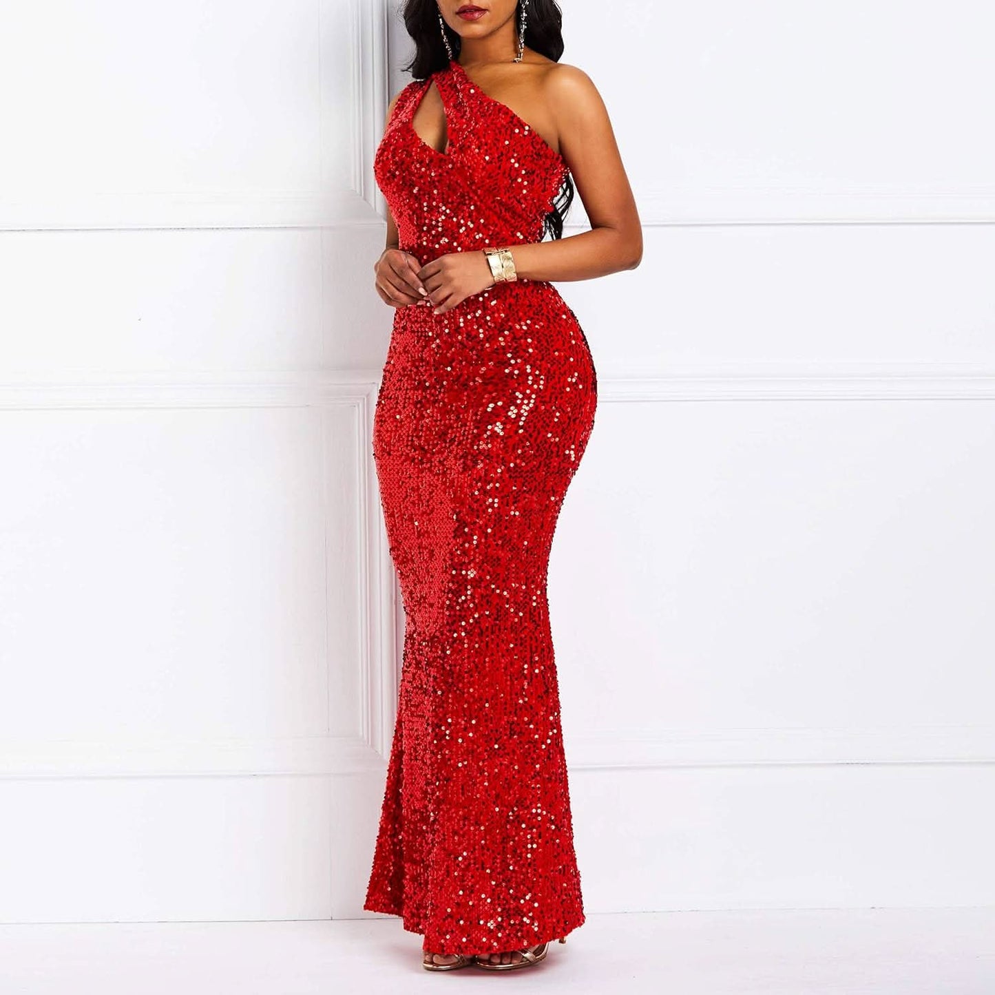 Sequins Fashion Sleeveless Oblique Collar Mermaid Women's Maxi Dress Bodycon Dress Mother of the Bride Dress