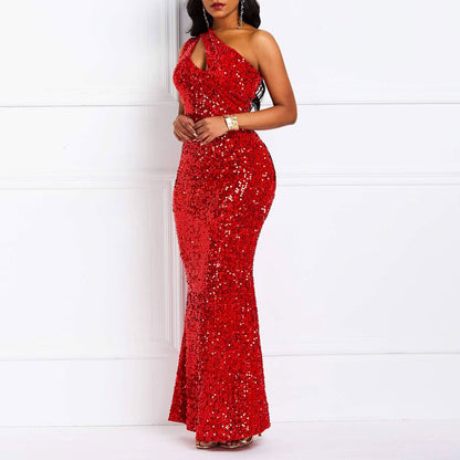 Sequins Fashion Sleeveless Oblique Collar Mermaid Women's Maxi Dress Bodycon Dress Mother of the Bride Dress