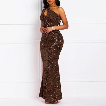 Sequins Fashion Sleeveless Oblique Collar Mermaid Women's Maxi Dress Bodycon Dress Mother of the Bride Dress