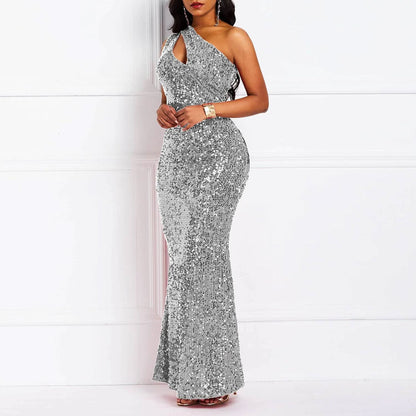 Sequins Fashion Sleeveless Oblique Collar Mermaid Women's Maxi Dress Bodycon Dress Mother of the Bride Dress