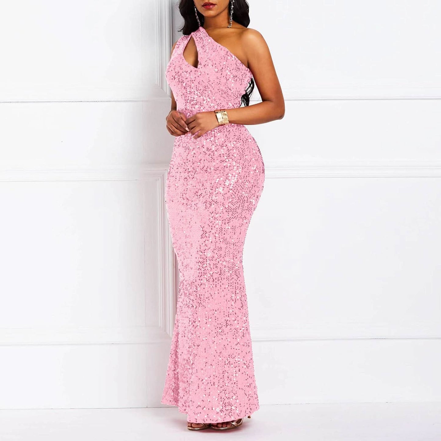 Sequins Fashion Sleeveless Oblique Collar Mermaid Women's Maxi Dress Bodycon Dress Mother of the Bride Dress