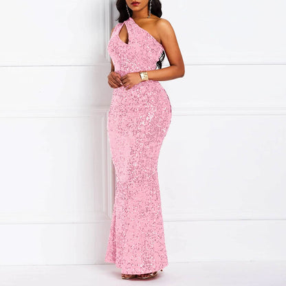 Sequins Fashion Sleeveless Oblique Collar Mermaid Women's Maxi Dress Bodycon Dress Mother of the Bride Dress