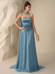 Elegant Luxury Pearl Decor Sleeveless Cocktail Dress Evening Gown Gala Evening Gown Dusty Blue Formal Dress Gala Dresses