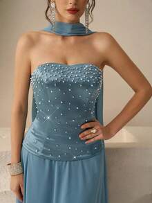 Elegant Luxury Pearl Decor Sleeveless Cocktail Dress Evening Gown Gala Evening Gown Dusty Blue Formal Dress Gala Dresses