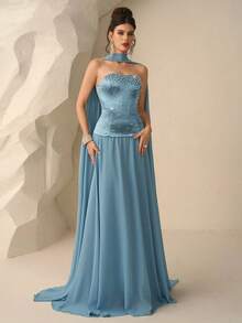 Elegant Luxury Pearl Decor Sleeveless Cocktail Dress Evening Gown Gala Evening Gown Dusty Blue Formal Dress Gala Dresses