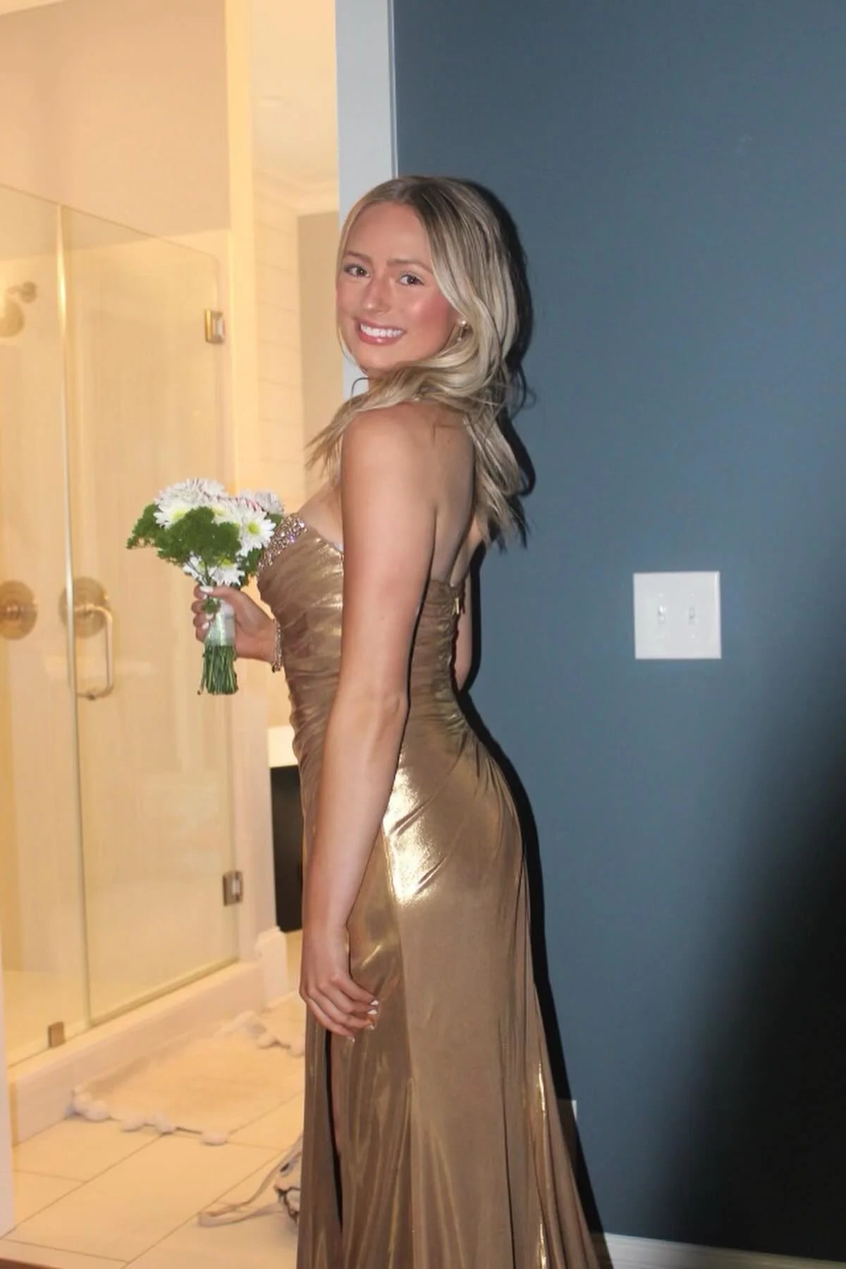 Chic Beaded Neck Gold Ruched Long Dress with Slit Prom Dress