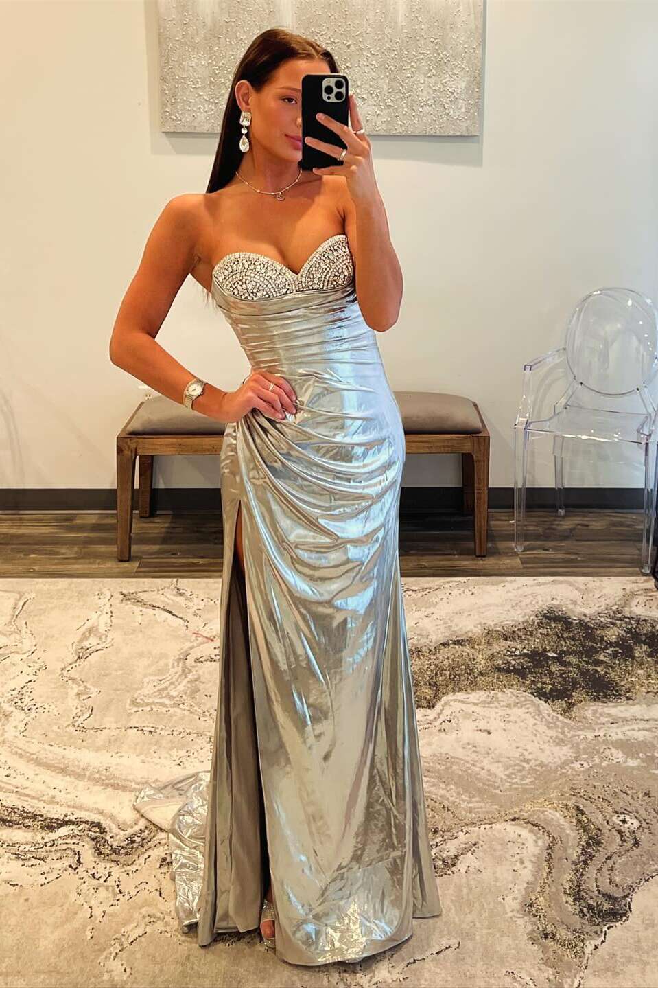 Chic Beaded Neck Gold Ruched Long Dress with Slit Prom Dress