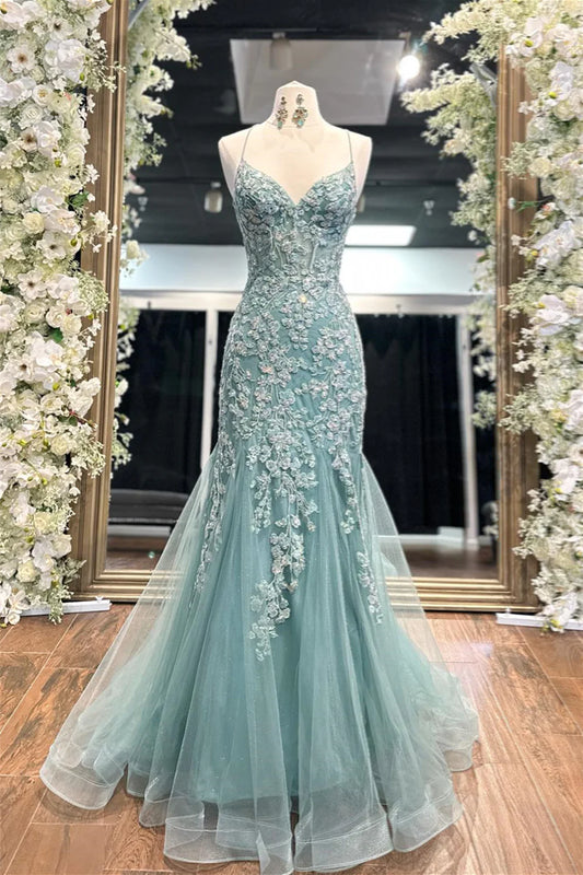 Sexy V-neck Sage Embroidery Mermaid Prom Dress
