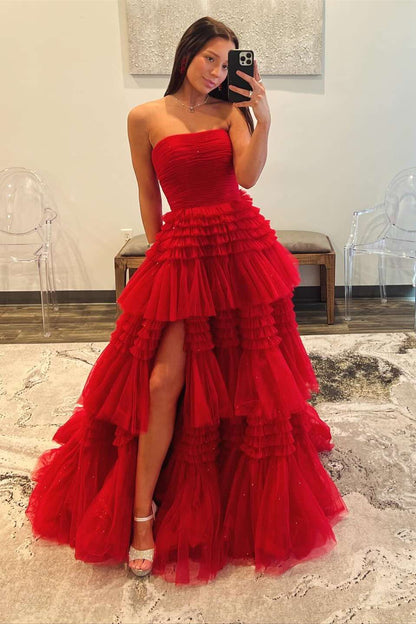 Chic Strapless Periwinkle Tulle Tiered Ruffle Formal Dress
