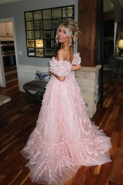 Charming Puff Sleeves Pink 3D Floral A-line Long Dress