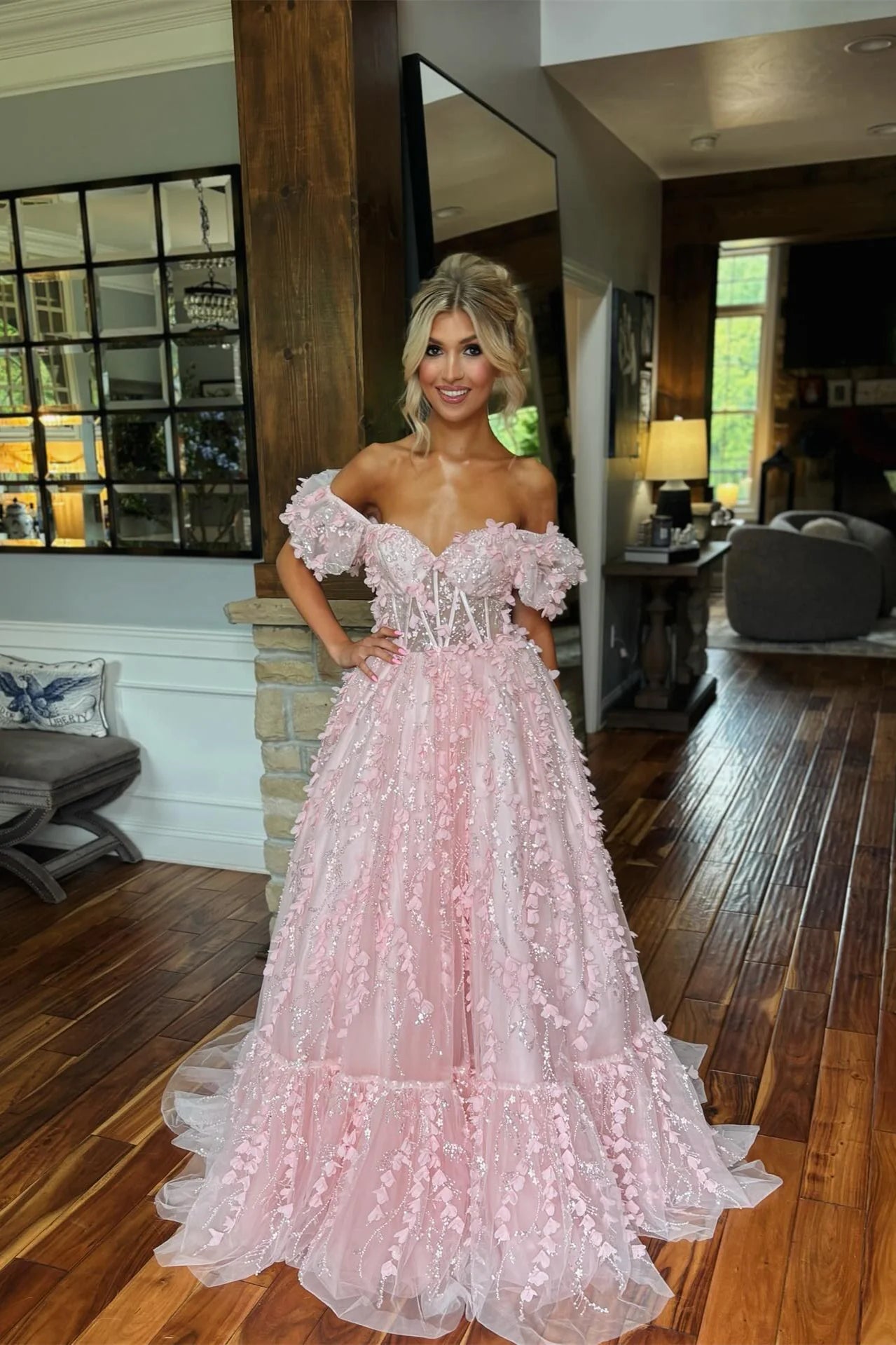 Charming Puff Sleeves Pink 3D Floral A-line Long Dress