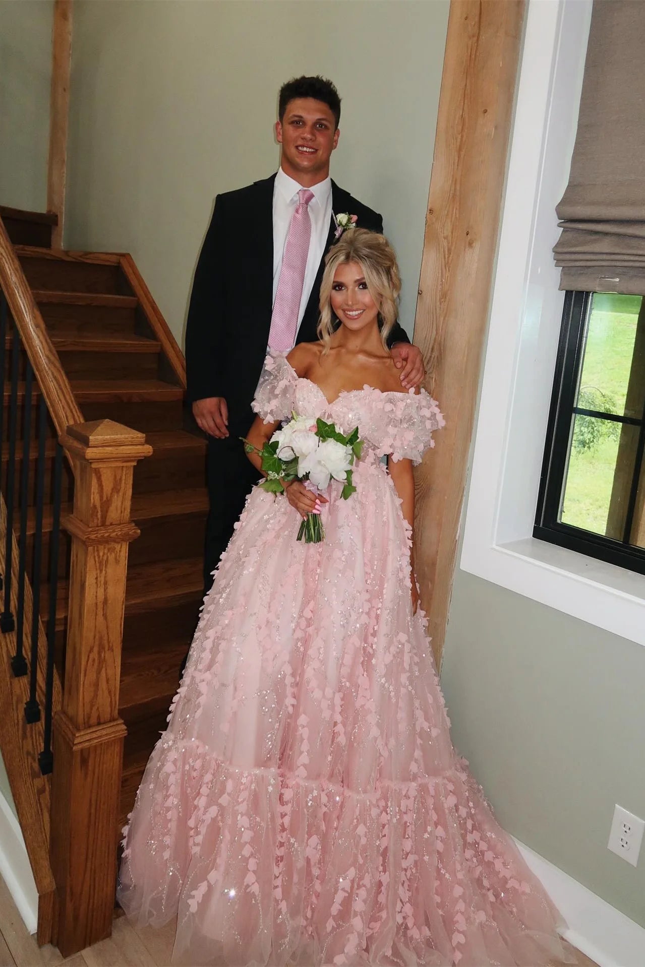 Charming Puff Sleeves Pink 3D Floral A-line Long Dress