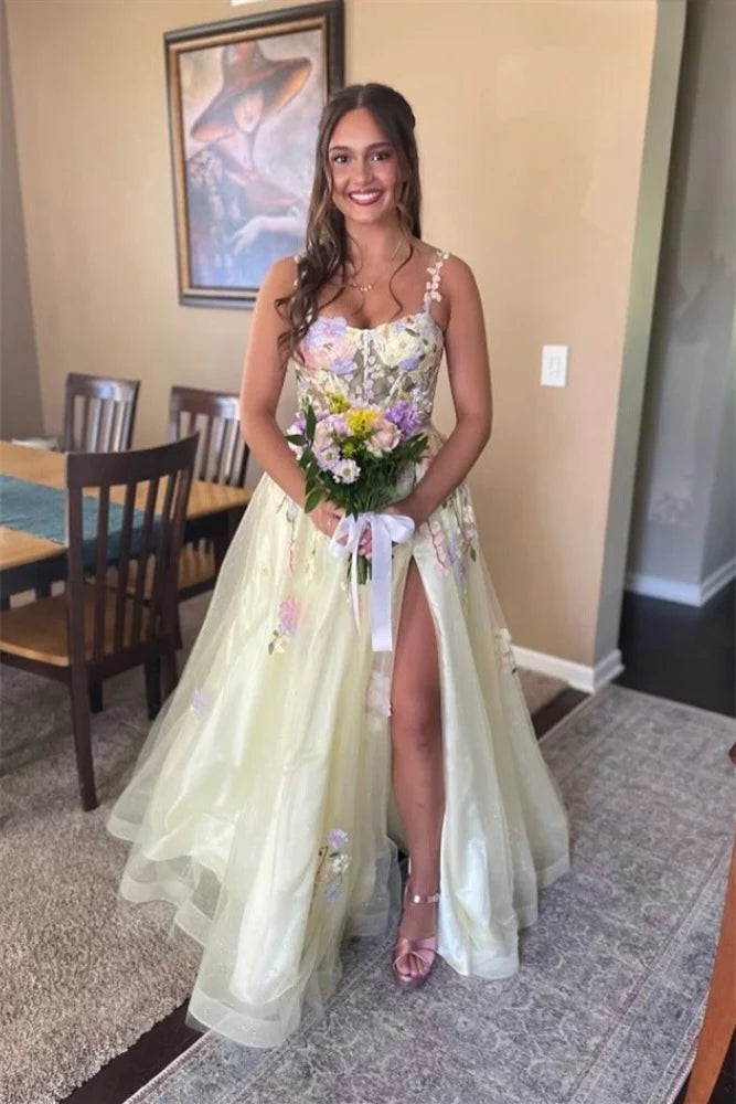 Artistic Straps Yellow Appliques A-line Long Dress with Slit