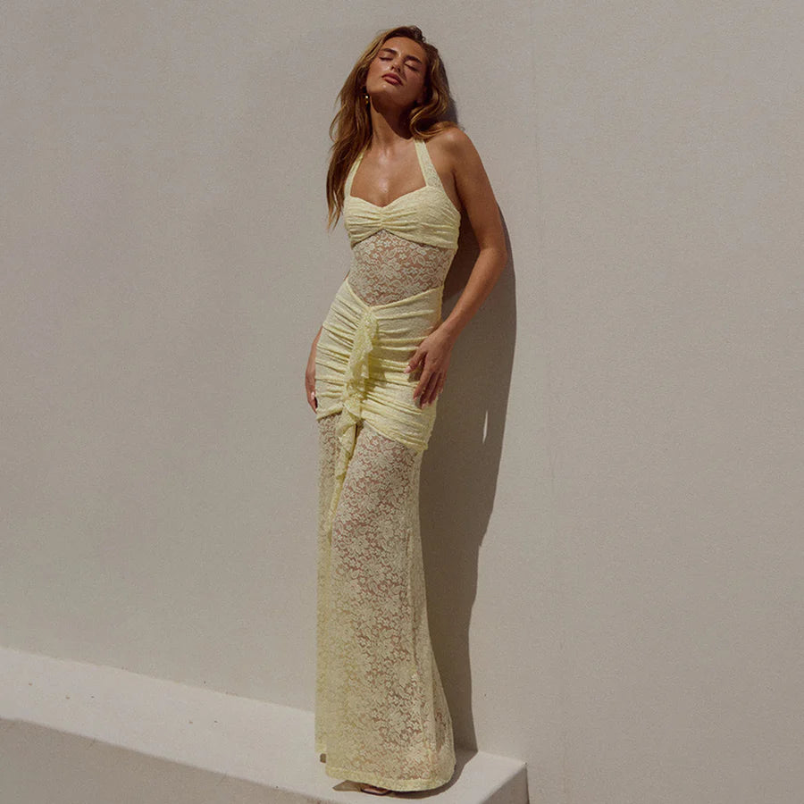 Elegant Halter Lace Backless Slim Prom Dress