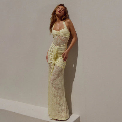 Elegant Halter Lace Backless Slim Prom Dress