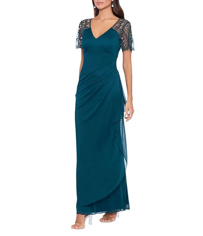 Chic Beaded Sheer Flutter Sleeve Cascading Draped Waist V-Neck Beaded Gown