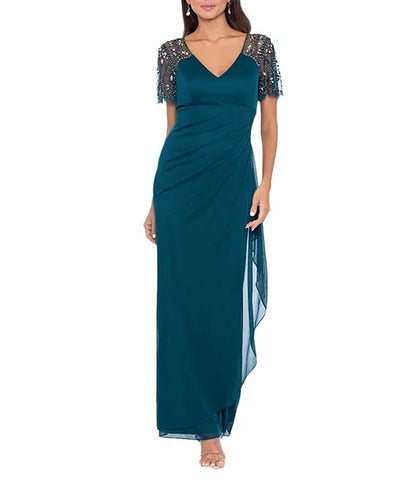 Chic Beaded Sheer Flutter Sleeve Cascading Draped Waist V-Neck Beaded Gown