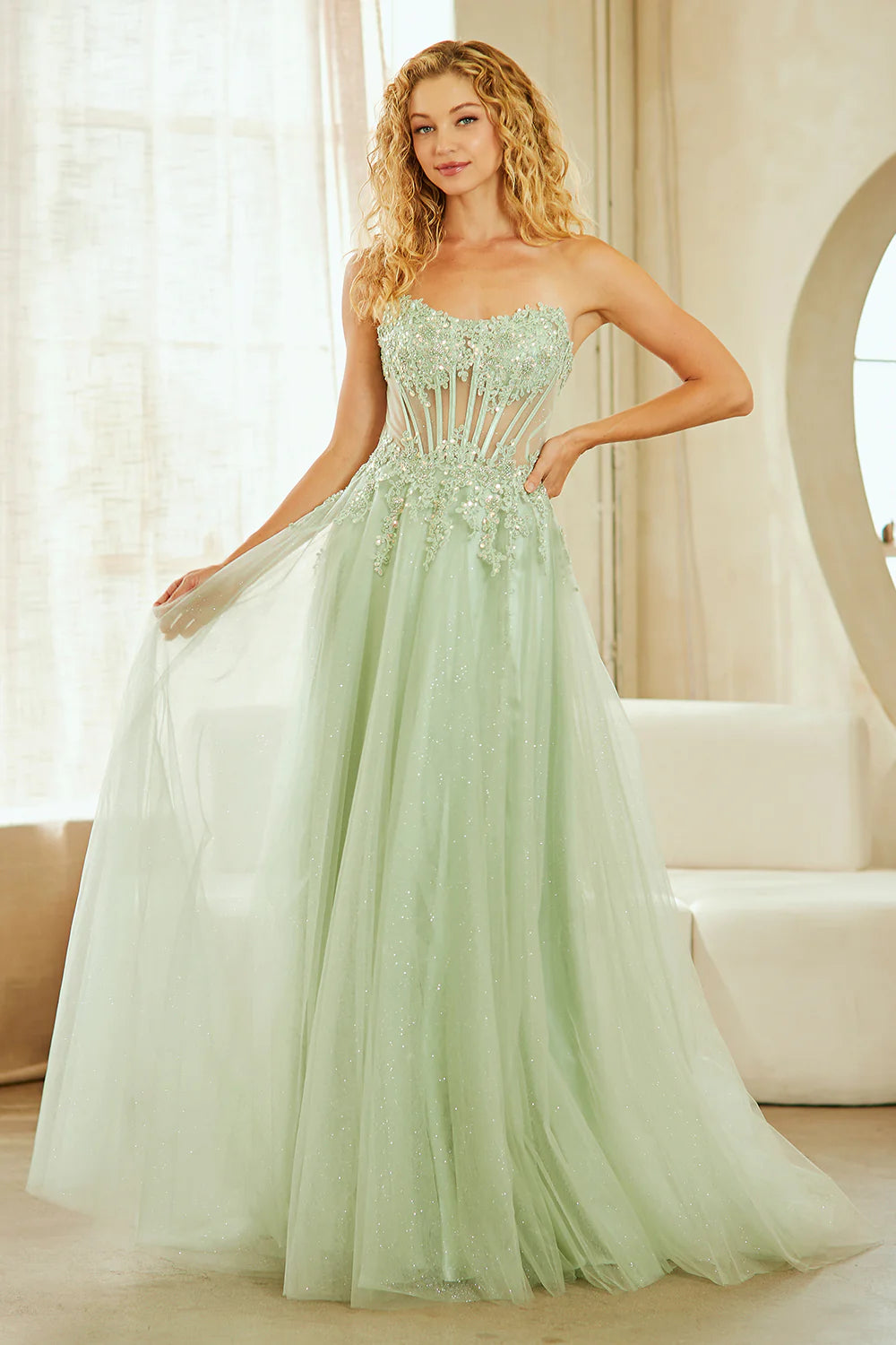 Chic Applique Strapless Slit Backless Gown Prom Dress