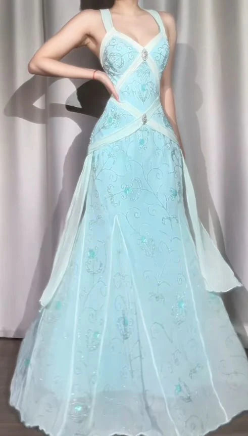 Vintage Blue Beaded Long Prom Dresses Formal Party Dress Birthday Outfit