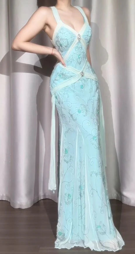 Vintage Blue Beaded Long Prom Dresses Formal Party Dress Birthday Outfit
