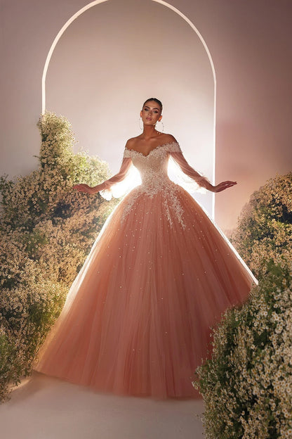 Beautiful  Tulle Lace Sweetheart Long Sleeve Prom Dresses With Beading Prom Dress