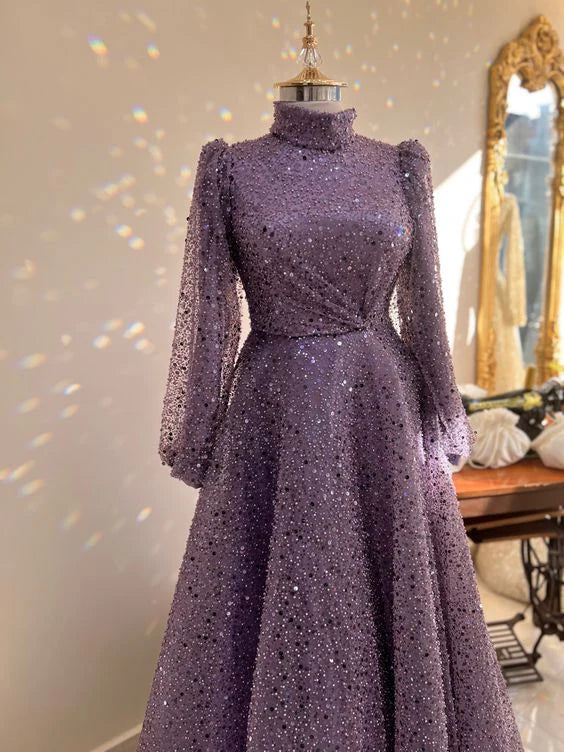 Luxurious Glitter A-line Long Sleeves Evening Dress