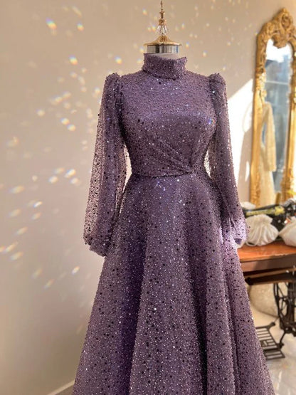 Luxurious Glitter A-line Long Sleeves Evening Dress
