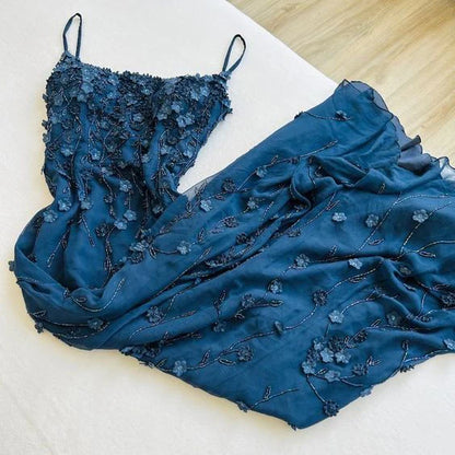 Vintage Navy Blue Spaghetti Straps Appliques Prom Dress Mermaid Birthday Outfits Evening Dress