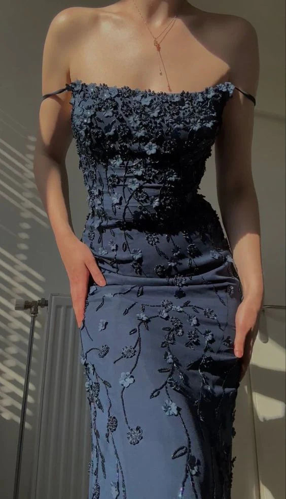 Vintage Navy Blue Spaghetti Straps Appliques Prom Dress Mermaid Birthday Outfits Evening Dress