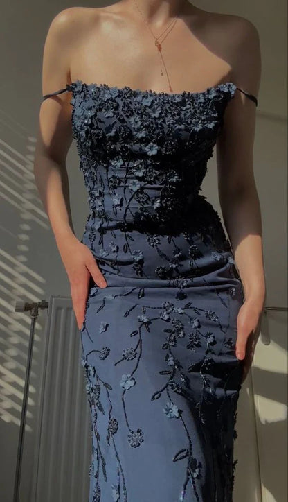 Vintage Navy Blue Spaghetti Straps Appliques Prom Dress Mermaid Birthday Outfits Evening Dress