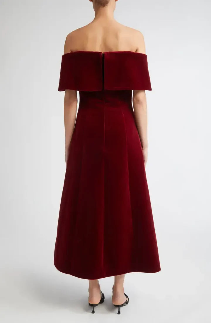 Elegant A-Line Off the Shoulder Cap Velvet Ankle-Length Prom Dress