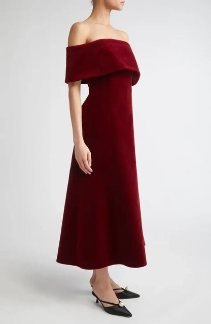 Elegant A-Line Off the Shoulder Cap Velvet Ankle-Length Prom Dress