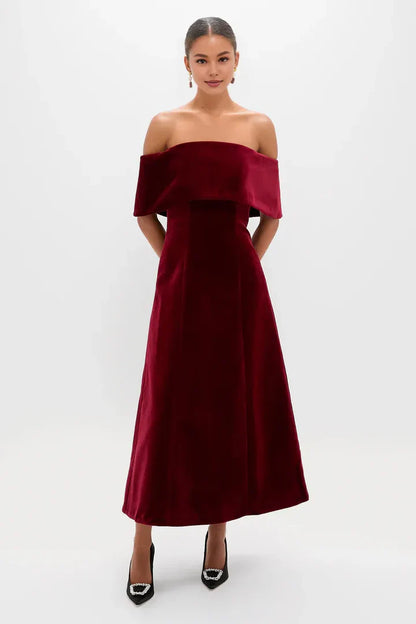 Elegant A-Line Off the Shoulder Cap Velvet Ankle-Length Prom Dress