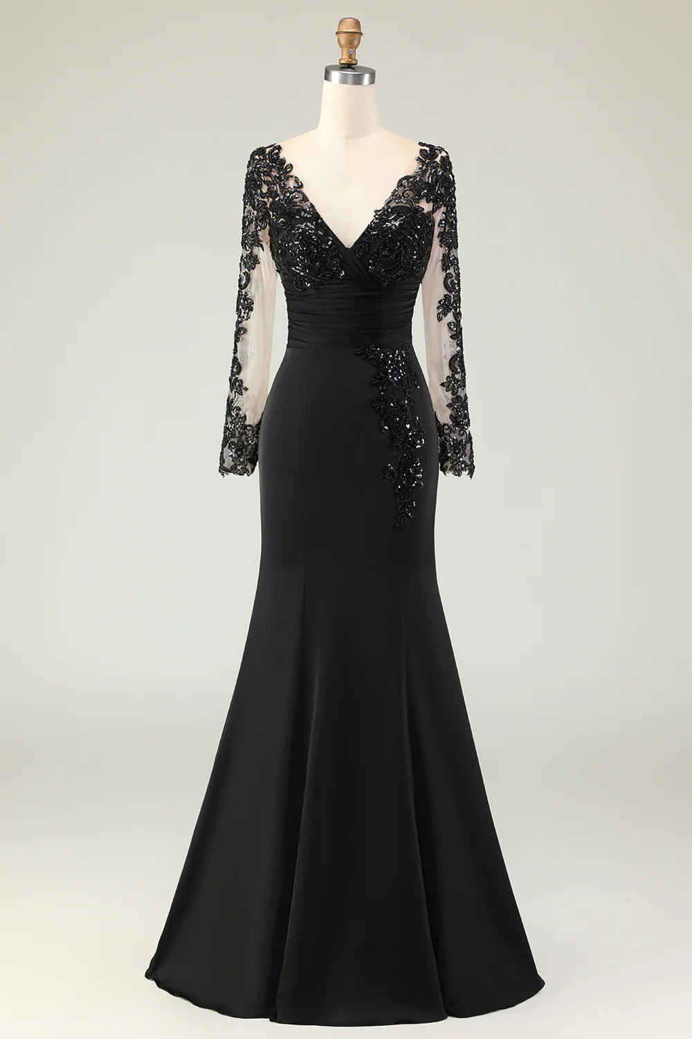 Mermaid V-Neck Long Black Prom Dress with Lace Appliques