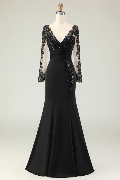 Mermaid V-Neck Long Black Prom Dress with Lace Appliques