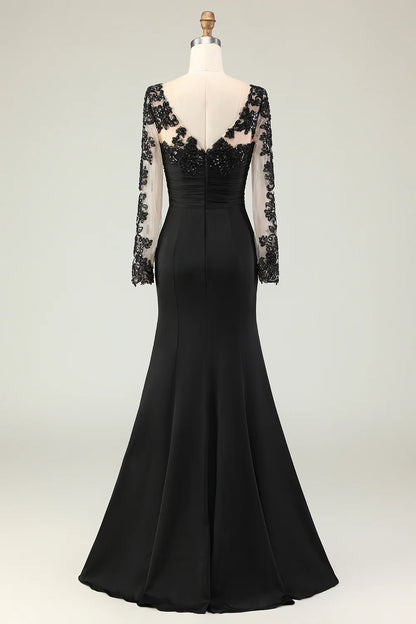 Mermaid V-Neck Long Black Prom Dress with Lace Appliques