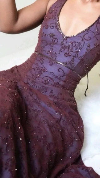 Purple Lace Halter Prom Dresses Long Evening Party Dress