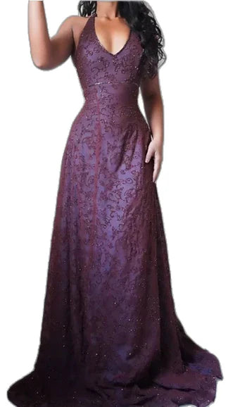 Purple Lace Halter Prom Dresses Long Evening Party Dress