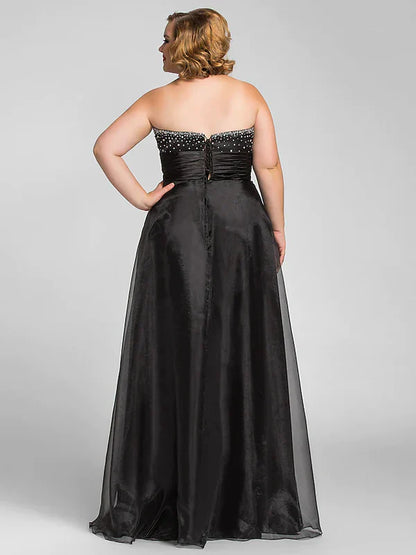 Elegant A-Line Little Black Dress Dress Prom Floor Length Sleeveless Sweetheart Organza with Ruched Beading