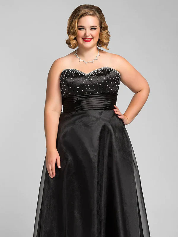 Elegant A-Line Little Black Dress Dress Prom Floor Length Sleeveless Sweetheart Organza with Ruched Beading