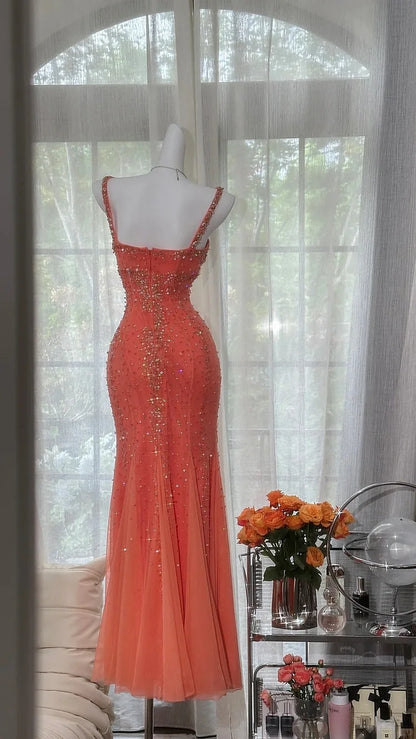 New Orange Sparkle luxurious gorgeous exquisite beaded long vintage chiffon prom dress