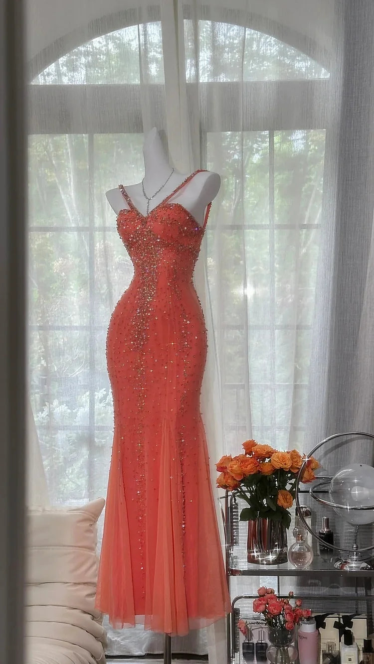 New Orange Sparkle luxurious gorgeous exquisite beaded long vintage chiffon prom dress