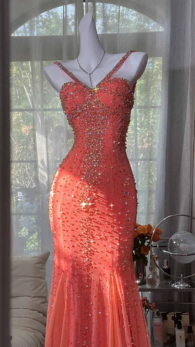 New Orange Sparkle luxurious gorgeous exquisite beaded long vintage chiffon prom dress