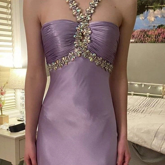 Glamorous purple satin beaded long prom evening dresses