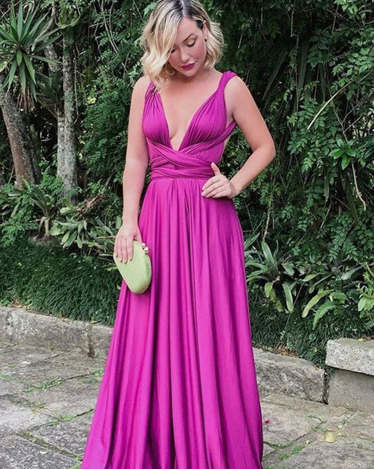 Sexy Purple V-neck A-line Ruched Long Prom Dress