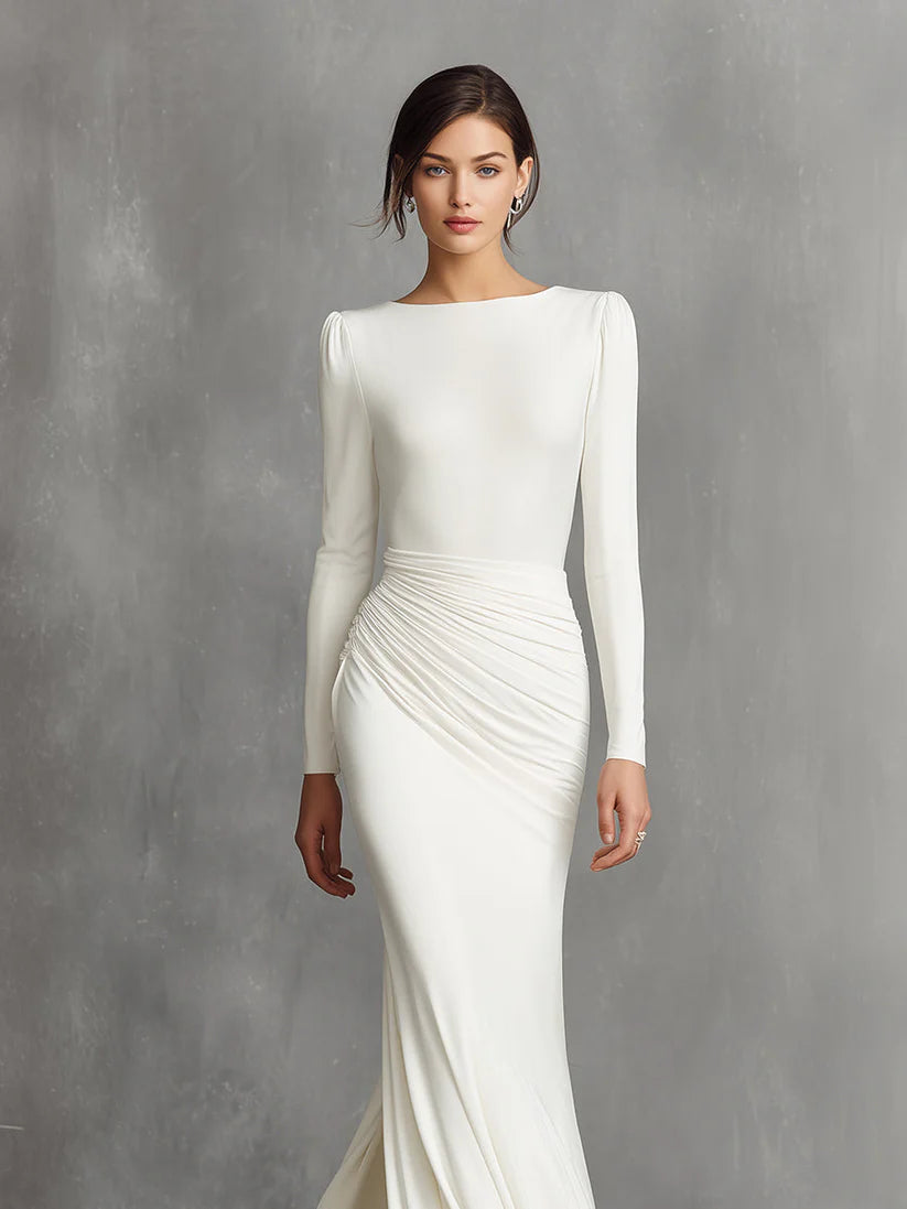 Elegant White Elegant Satin Ruched Mermaid Maxi Dress Prom Dress
