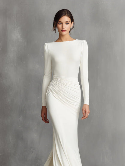 Elegant White Elegant Satin Ruched Mermaid Maxi Dress Prom Dress