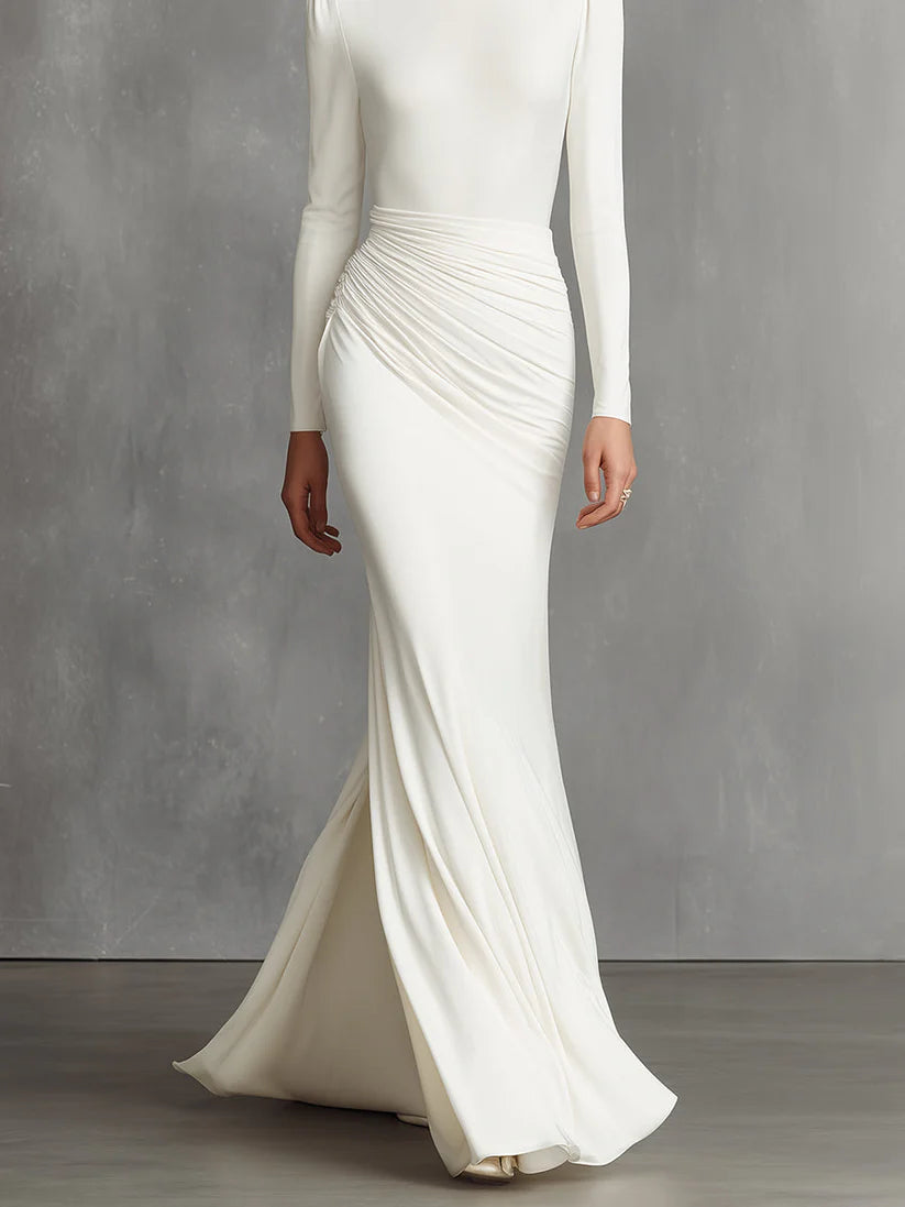 Elegant White Elegant Satin Ruched Mermaid Maxi Dress Prom Dress